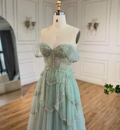 Sage Green A-Line Off The Shoulder Tulle Beaded Evening Dress,Formal Prom Dress Y8157