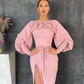 Pink Boat Neck Prom Dress Long Sleeves High Slit Satin Evening Dress Buttoned Cuffs Sheath Formal Party Dress  Y4875
