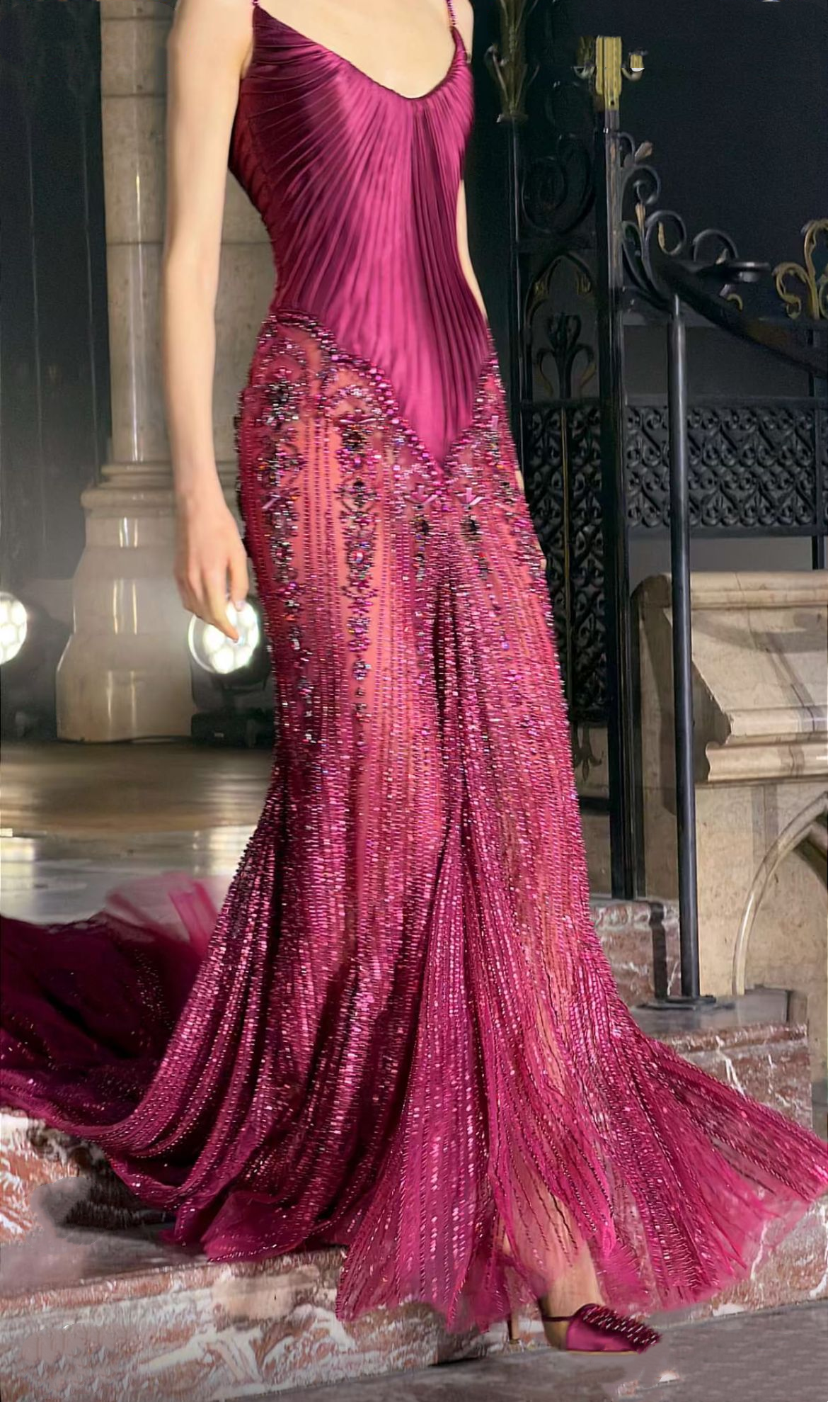 Unique Spaghetti Straps V Neck Satin Tulle Beaded Mermaid Prom Dress Dark Fuchsia Long Party Gowns SP2279