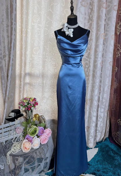 Classy Spaghetti Straps Blue Satin Long Wedding Guest Dress Formal Birthday Evening Dress SP1887