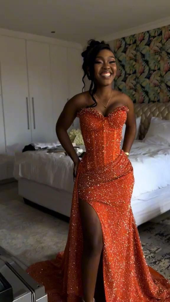Fashion Sweetheart Neck Orange Sequin Beaded Slit Party Dress,Mermaid Long Prom Gown SP2453