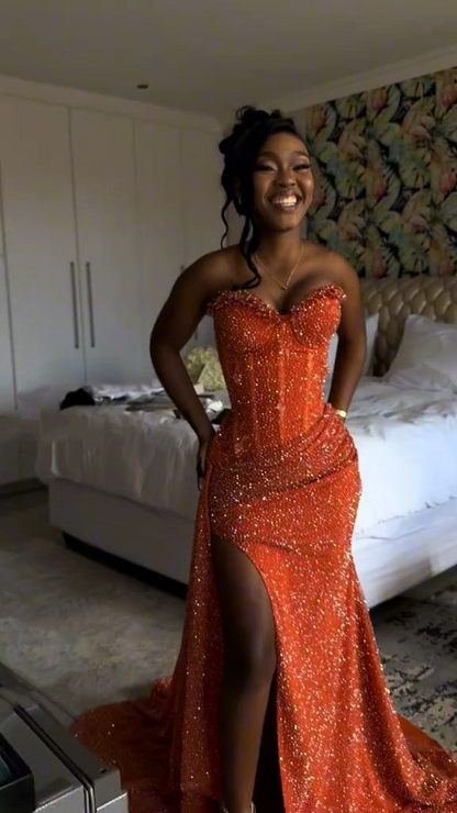 Fashion Sweetheart Neck Orange Sequin Beaded Slit Party Dress,Mermaid Long Prom Gown SP2453