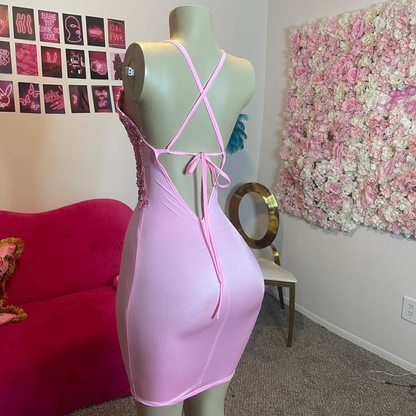 Gorgeous Pink V Neck Satin Appliques Beaded Sheath Cocktail Dress Short Homecoming Dress Birthday Outfits Y9165