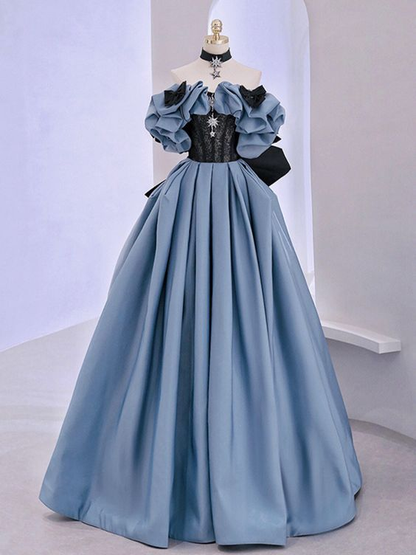 Blue Satin Lace Long Prom Dress, Off Shoulder Evening Dress Y5621