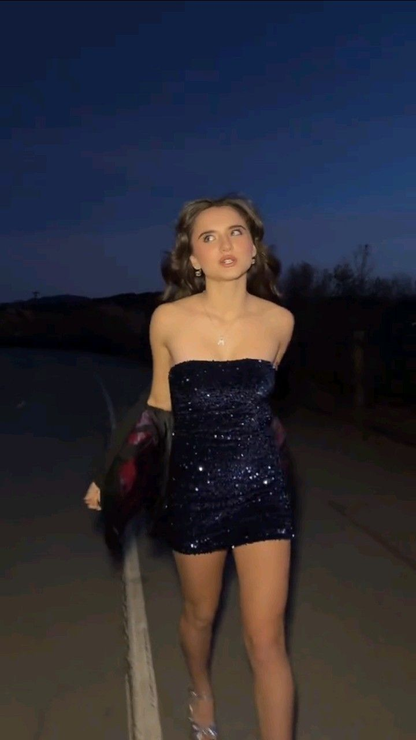 Sparkly Navy Blue Strapless Sequin Sheath Cocktail Dress Formal Homecoming Dress Birthday Outfits Y9197