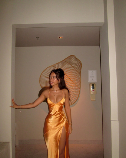 Simple Spaghetti Straps Orange A Line Satin prom Dress,Side Slit Party Evening Dress Y8547