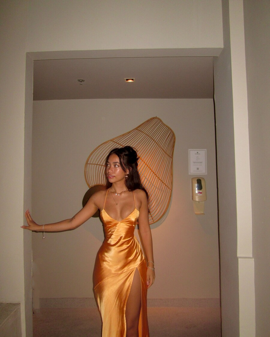 Simple Spaghetti Straps Orange A Line Satin prom Dress,Side Slit Party Evening Dress Y8547