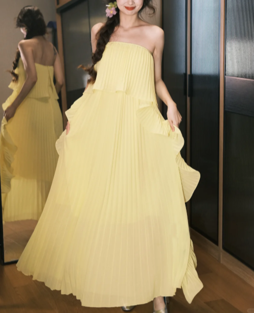 Chic Strapless Chiffon Pleated Long Party Dress Yellow Prom Dress SP2098