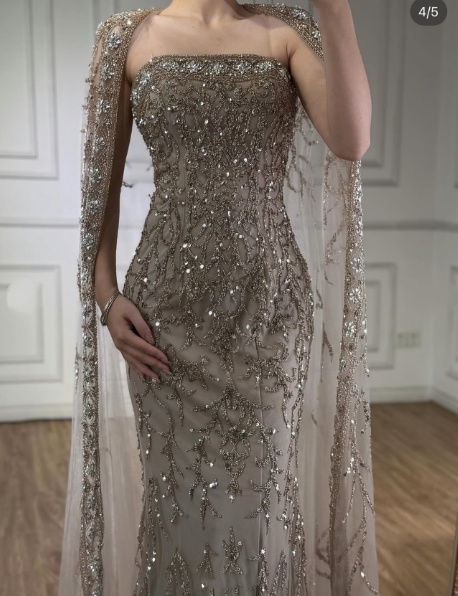 Gorgeous Strapless Gray Tulle Beaded Mermaid Long Party Dress Prom Gown SP1348