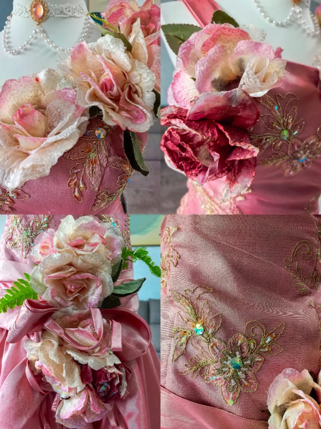 Beautiful Peach Pink Embroidered Floral Satin A Line Long Party Dress Birthday Dress With 3D Flowers SP2329