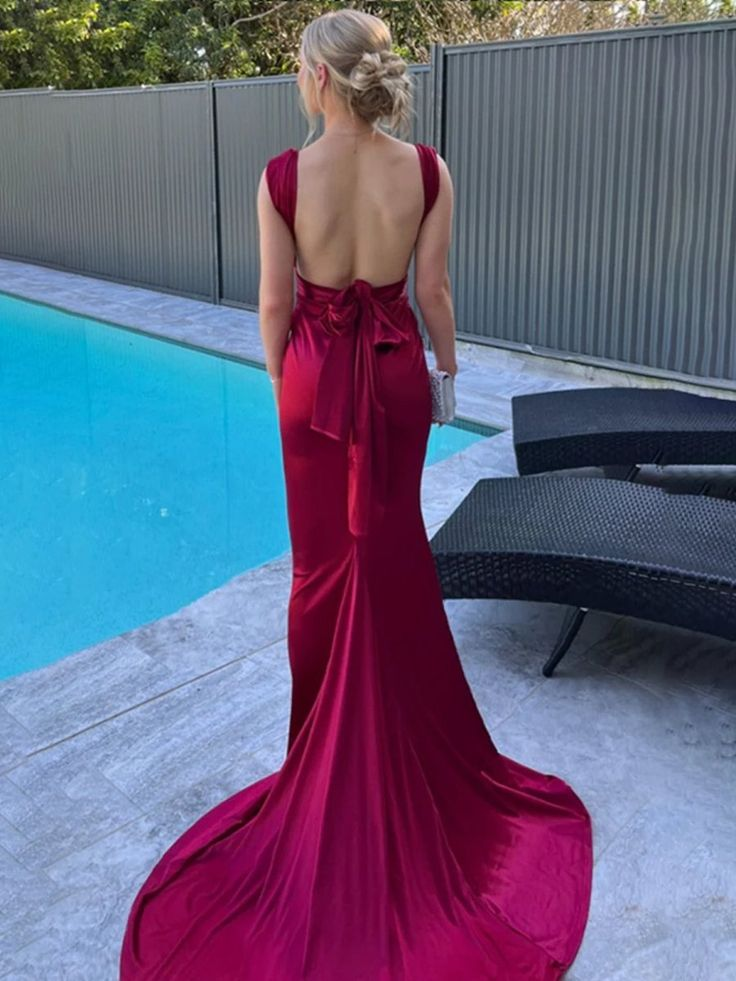 Fashion Burgundy Backless Mermaid Satin Pleated Long Party Dress, Formal Wedding Guest Dress With Train SP452
