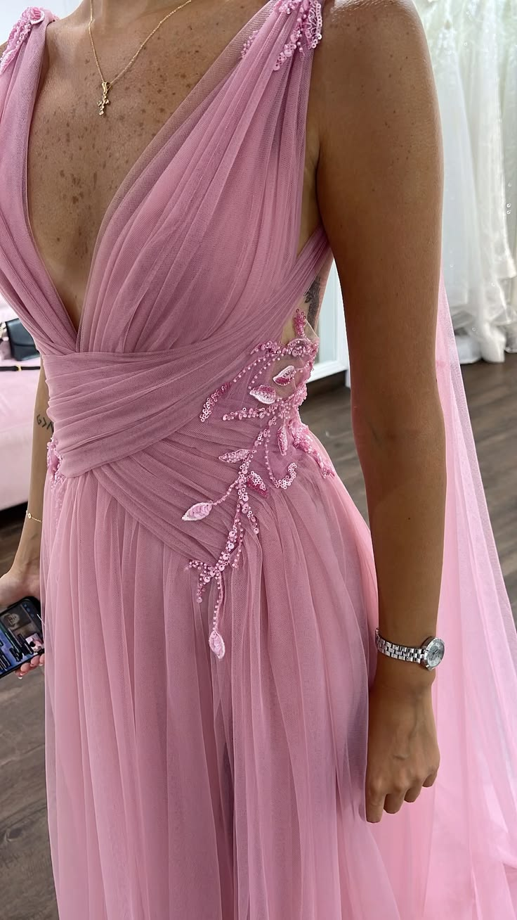 Pretty Pink V Neck Sleeveless Tulle Sequin Beaded A Line Party Dress Long Wedding Guest Dress SP2448