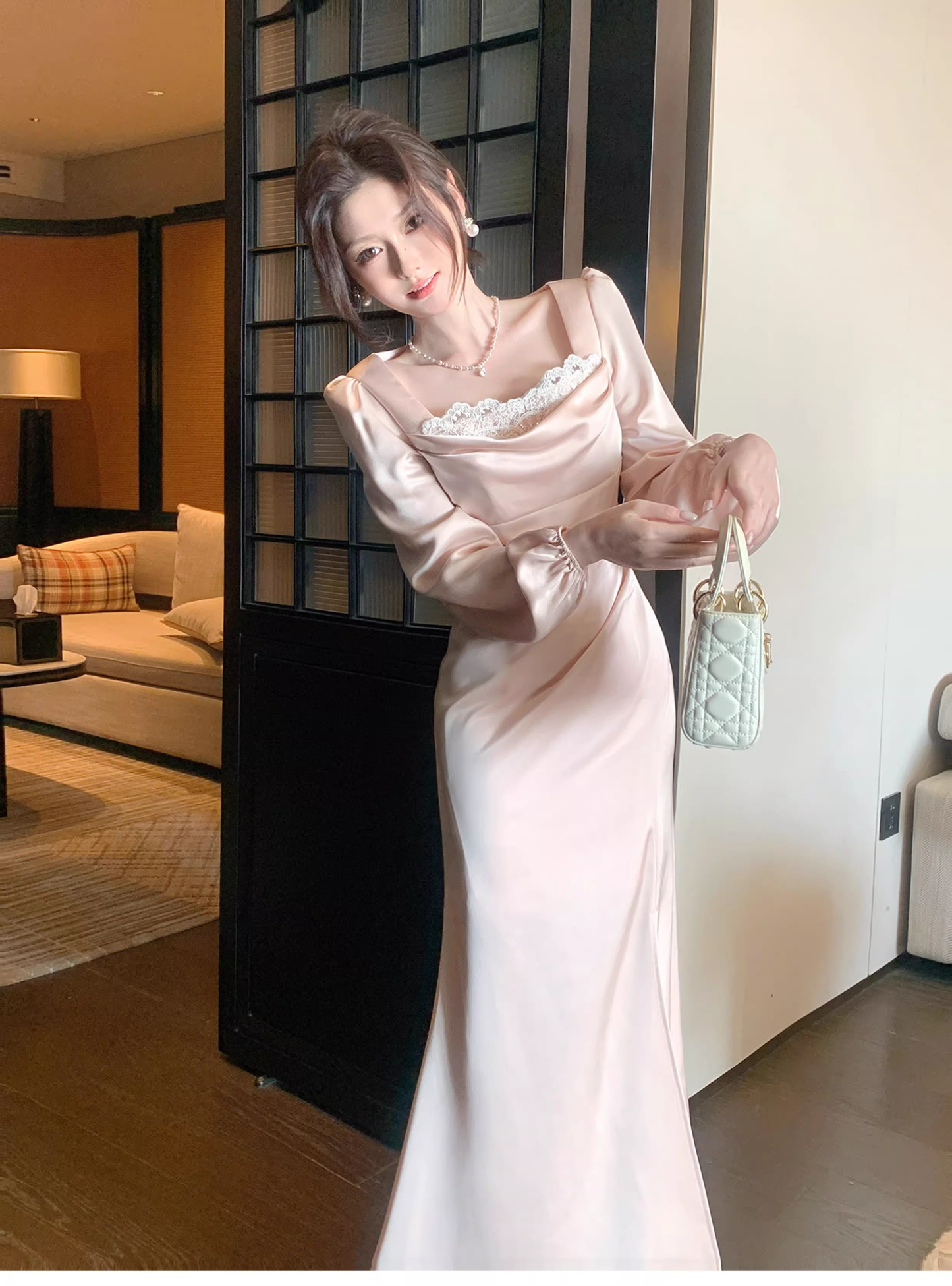 Sweet Lace Neck Pink Satin Mermaid Long Wedding Dress Formal Evening Dress Birthday Dress SP1541