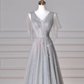 Sparkly Gray Tulle Sequins A Line Prom Dress,Sexy V Neck Evening Dress Y8638