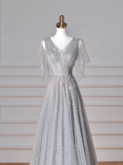 Sparkly Gray Tulle Sequins A Line Prom Dress,Sexy V Neck Evening Dress Y8638