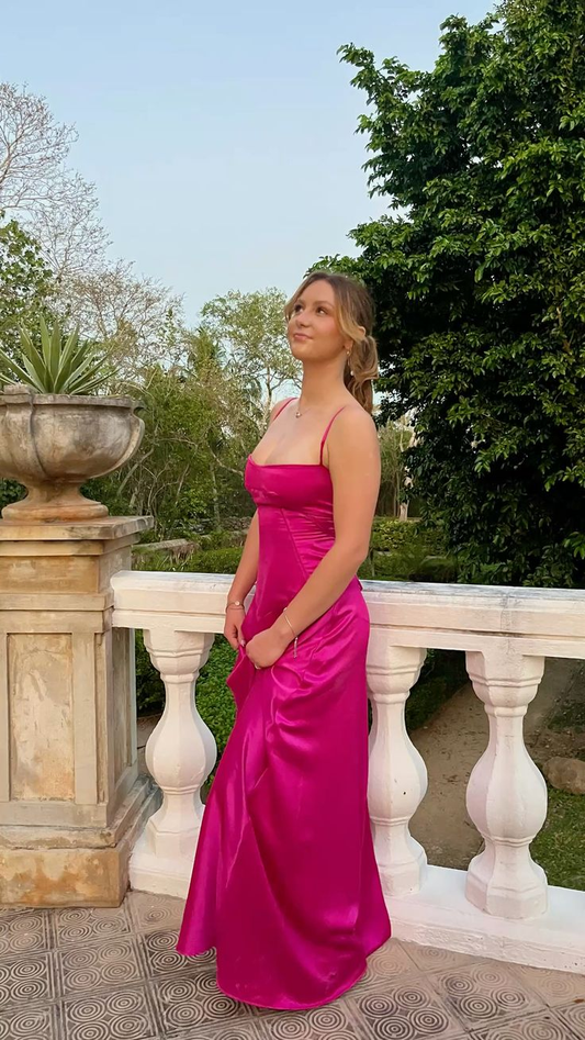 Classy Spaghetti Straps Hot Pink Satin A Line Long Party Dress Wedding Guest Dress SP2139