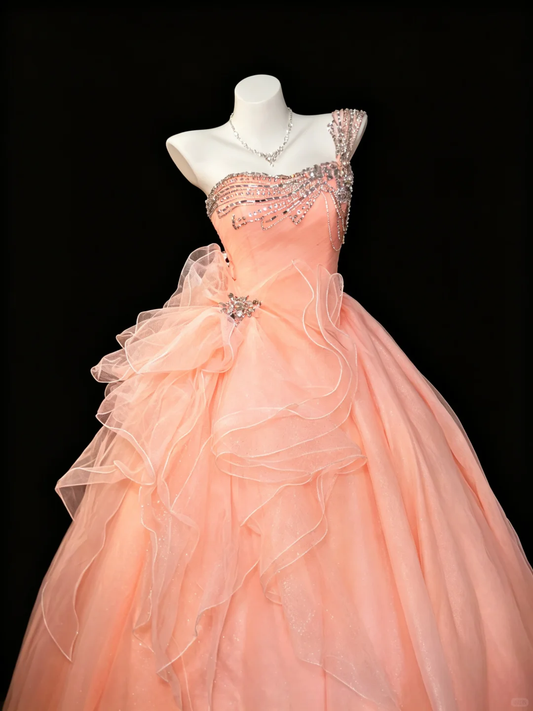 Dreamy Blush Peach One Shoulder Princess Ball Dress Sparkly Rhinestone Bodice Big Ruffle Bow Tulle Quinceanera Dress SP2733