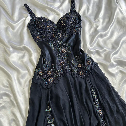 Vintage Navy Blue Satin Chiffon Beaded Graduation Homecoming Dress Mini Cocktail Dress Y9737