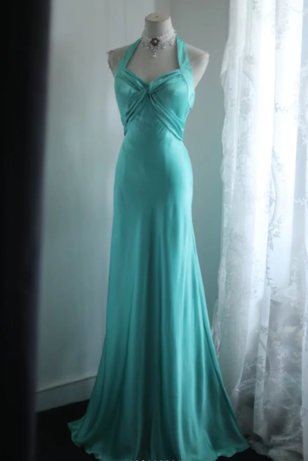 Elegant Green Halter Satin Mermaid Long Wedding Guest Dress Party Dress SP1263