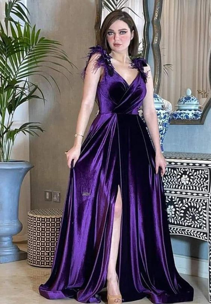 dark purple velvet prom dress Purple Velvet Mermaid Prom Dresses Deep V Neck Beaded Long Sleeves Evening Gowns Plus Size Formal Dress Wear