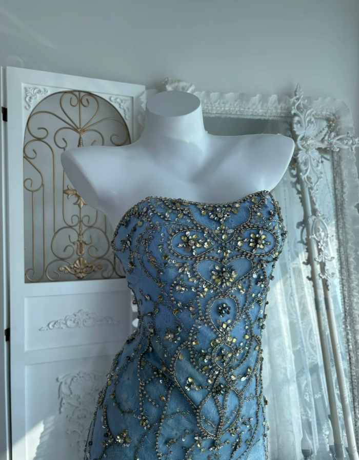 Gorgeous Blue Strapless Tulle Beaded Mermaid Long Party Dress Prom Dress, Formal Wedding Guest Dress SP1456