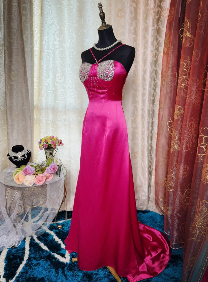 Sexy Hot Pink Satin Beaded Mermaid Party Dress Long Wedding Guest Dress SP1957