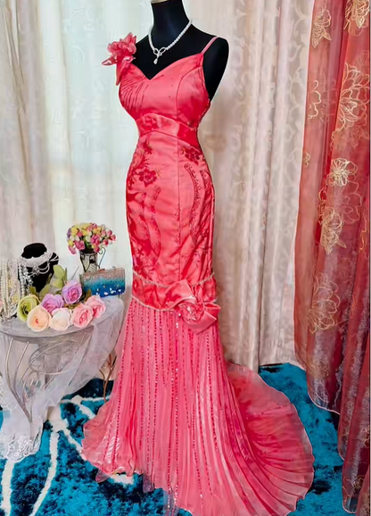 Vintage Spaghetti Straps Satin Embroidery Beaded Mermaid Evening Dress Pink Long Prom Gown SP2375
