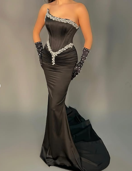 Classy Black Strapless Mermaid Evening Dress,Satin Beaded Prom Dress With Gloves Y8530
