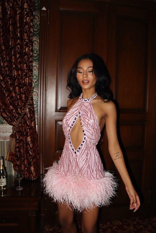 Pretty Halter Pink Sequin Feather Beaded Sheath Cocktail Dress Formal Birthday Outfits Homecoming Dress Y9382