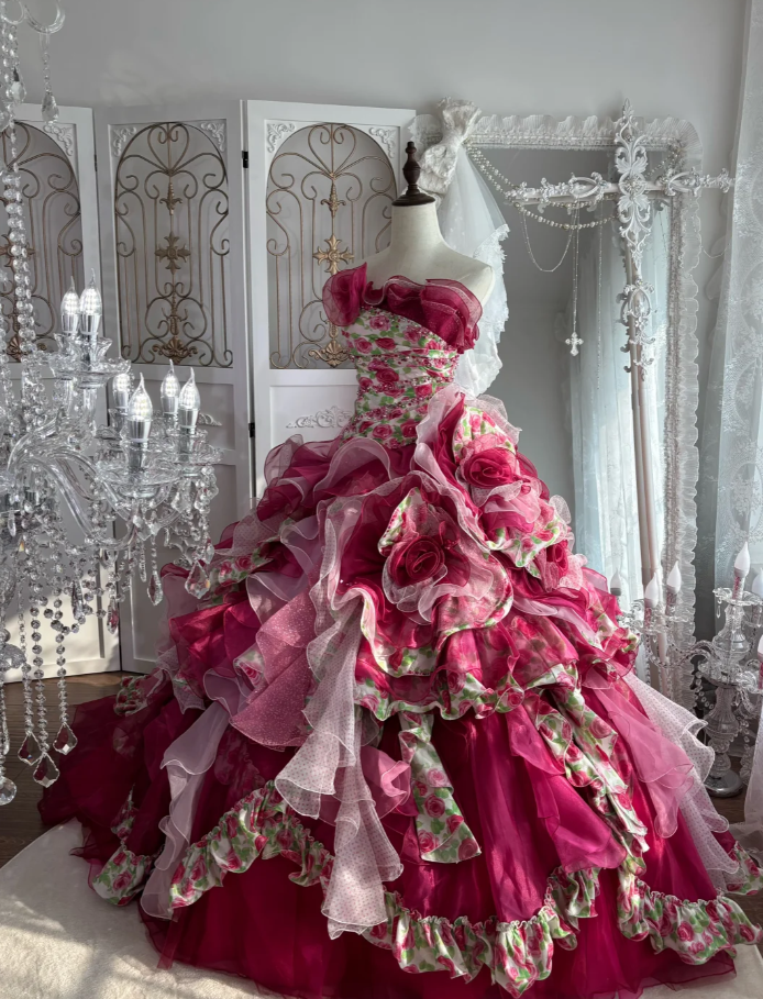 Pretty Strapless Rose Pink Satin Floral Beaded Tulle Layered Ball Gown Sweet Quinceanera Dress With Beaded SP1454