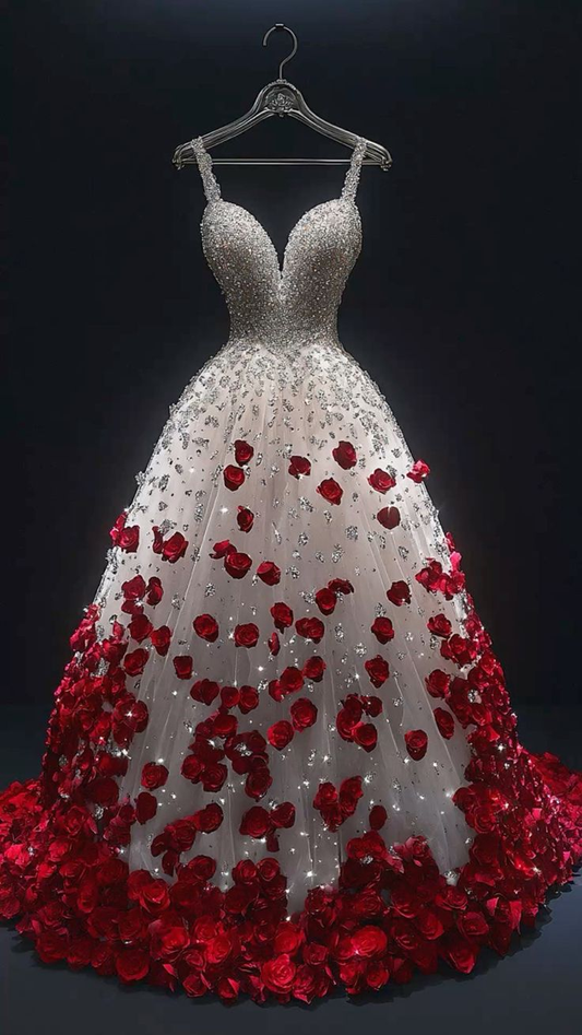 Pretty Tulle Beaded Rose Flowers Long Wedding Dress Y9324