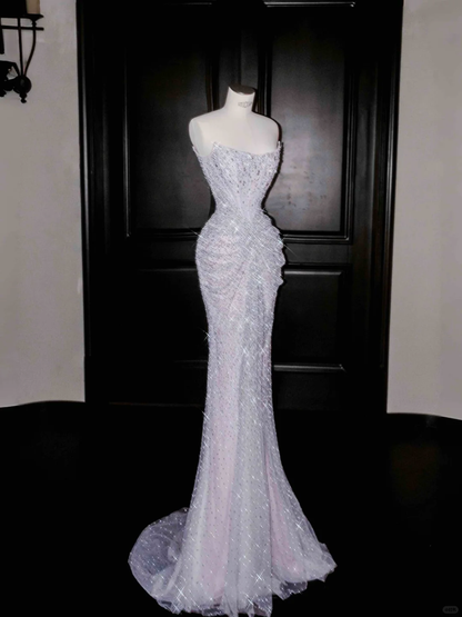 Sparkly Lilac Tulle Beaded Prom Dress,Strapless Mermaid Evening Dress Y8664