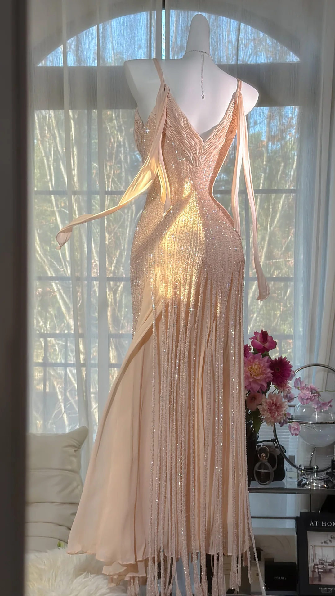 Glitter Spaghetti Straps Chiffon Beaded Mermaid Long Evening Dress Birthday Prom Dresses SP2189
