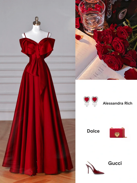 Red Satin Off The Shoulder Prom Dress,Bow A Line Evening Dress Y8626