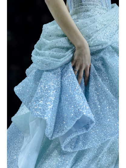 Glitter Blue Satin Sequin Beaded Mermaid Long Birthday Party Dress Prom Dresses SP1400