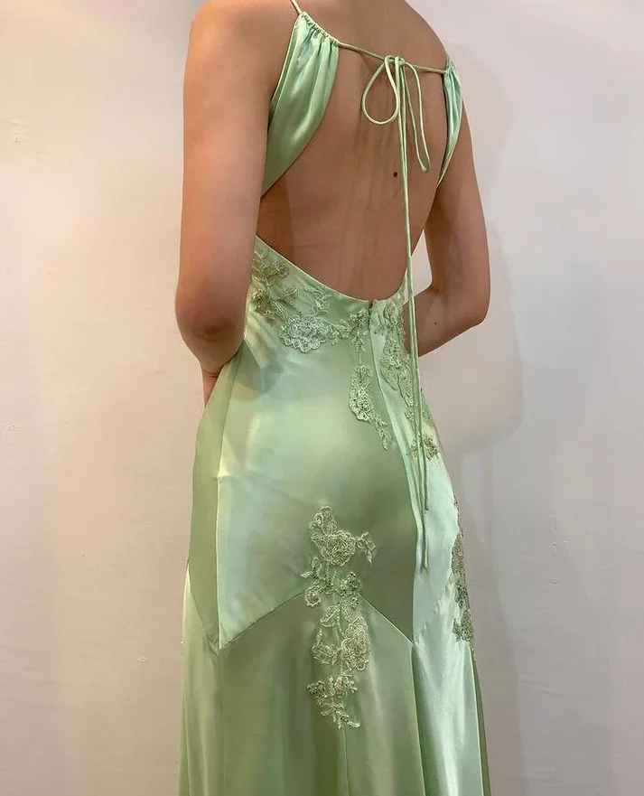 Fashion Mint Green Spaghetti Straps Lace Beaded Prom Dress Evening Party Gown Y7530