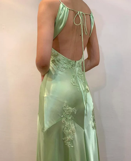 Fashion Mint Green Spaghetti Straps Lace Beaded Prom Dress Evening Party Gown Y7530