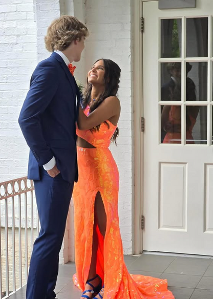 Sparkly Orange Sequin One Shoulder Long Prom Dress with Slit Y4277