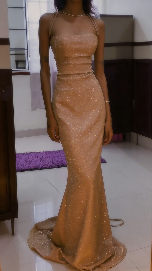Sparkly Halter Satin Sequin Mermaid Long Wedding Guest Dress Formal Evening Gown SP1478