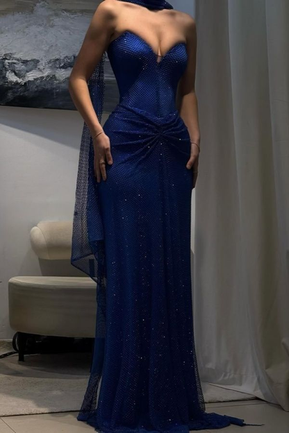 Gorgeous Strapless Royal Blue Sequin Pleated Mermaid Evening Dress Formal Prom Dress With Scarf SP552