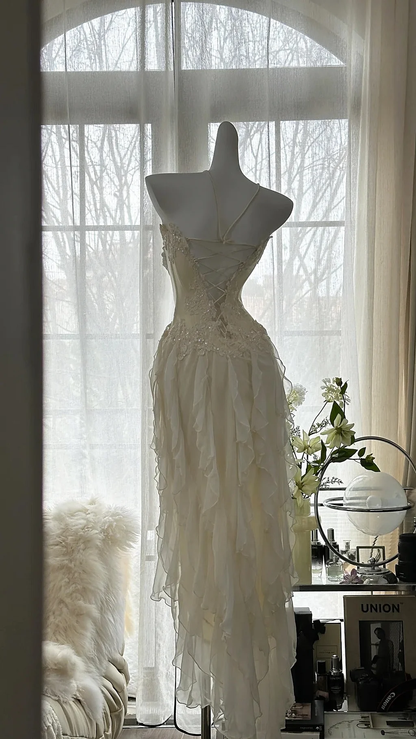 Chic Off White Chiffon Ruffles Party Dress,Strapless Appliques Prom Dress Y8743