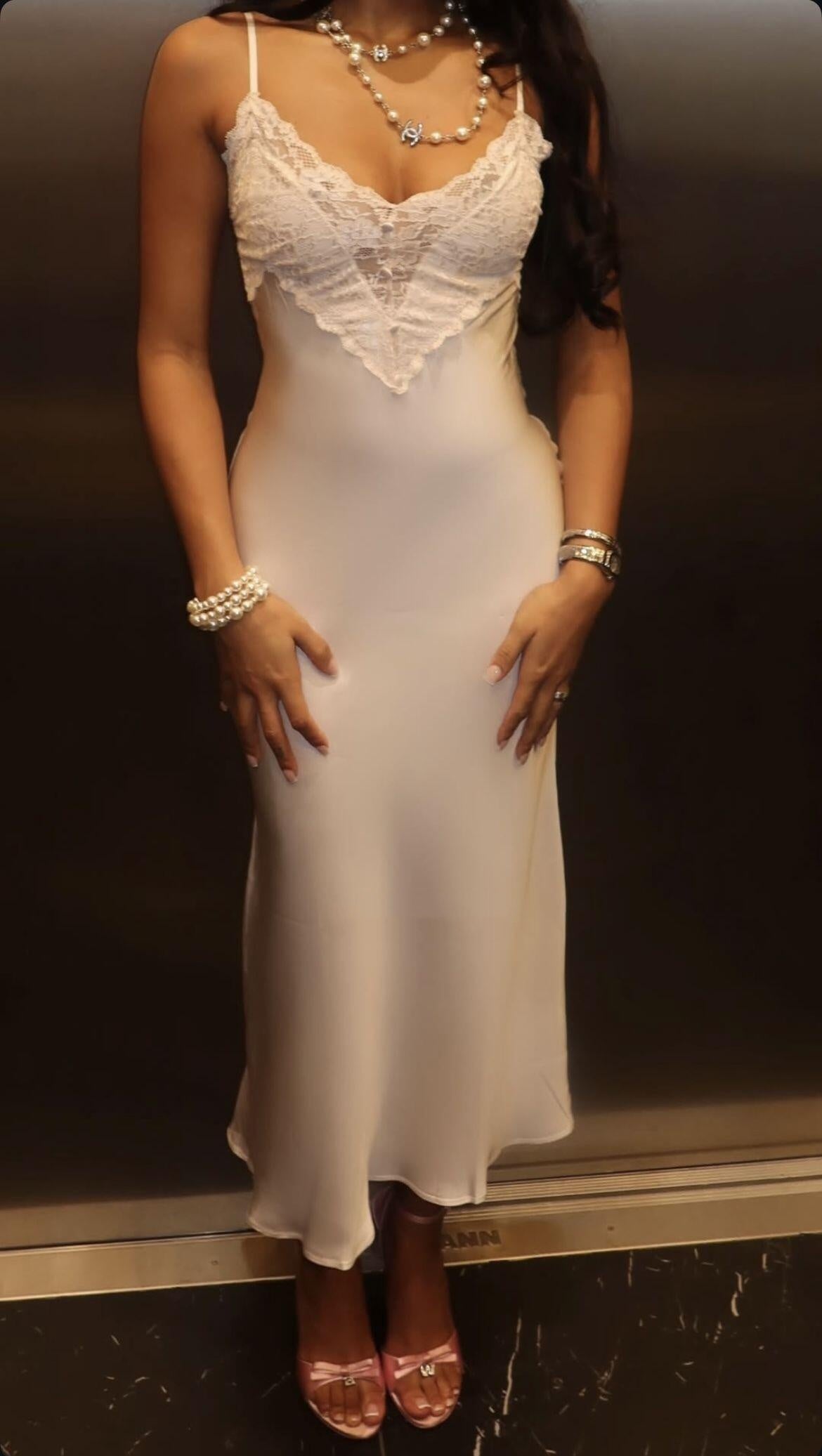Sexy Spaghetti Straps V Neck Satin Lace Long Prom Dress,White Mermaid Party Gown SP2546