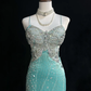 Gorgeous Green Spaghetti Straps Satin Beaded Mermaid Party Dress Backless Long Prom Gown SP1283