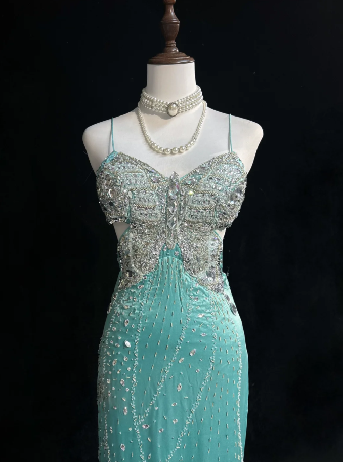 Gorgeous Green Spaghetti Straps Satin Beaded Mermaid Party Dress Backless Long Prom Gown SP1283