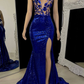 Beautiful Long Mermaid V-neck Split Sleeveless Prom Dress With Lace Y6615
