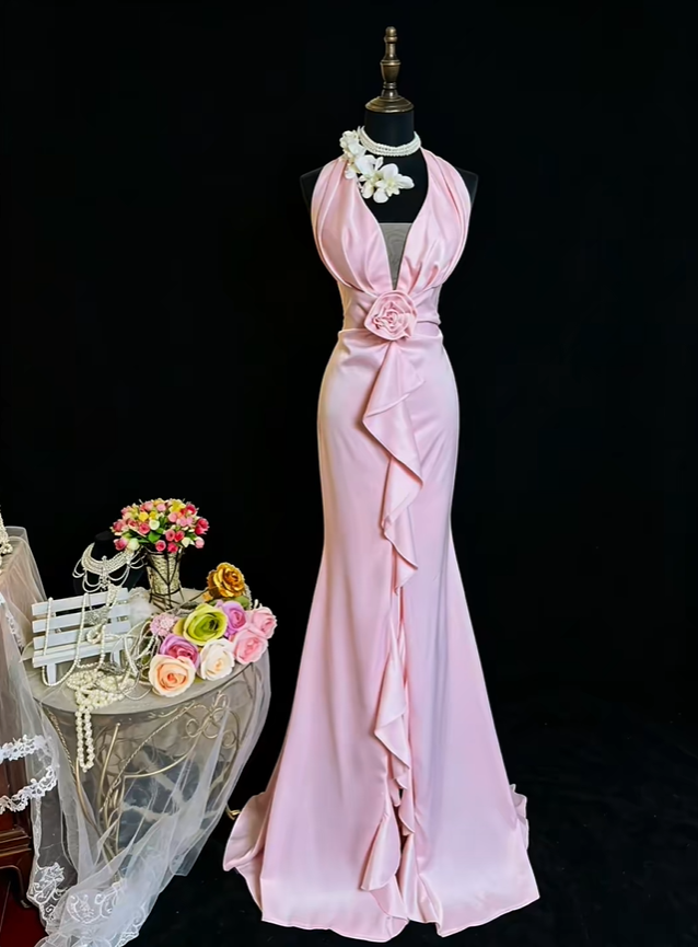 Pretty Pink Halter Satin Ruffles Mermaid Long Evening Dress Prom Gown SP2374