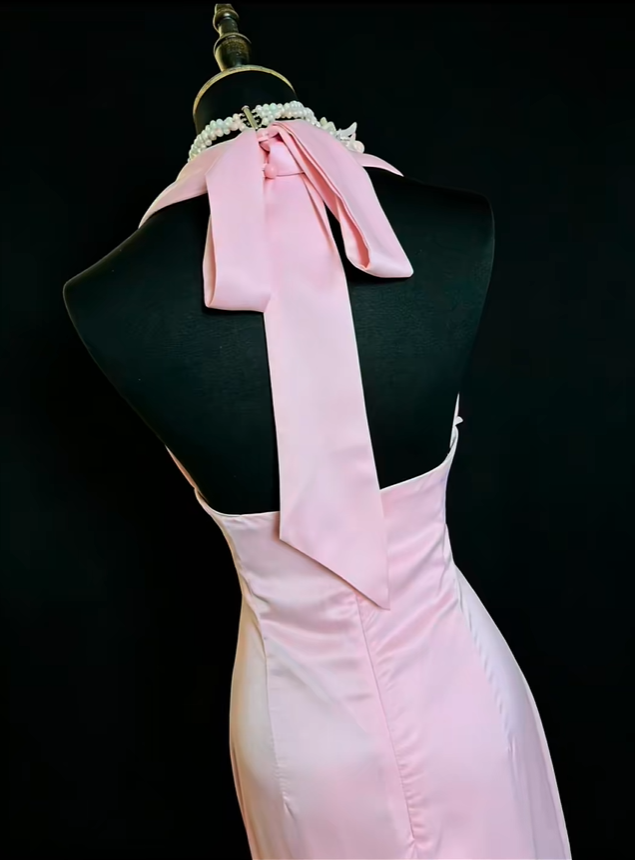 Pretty Pink Halter Satin Ruffles Mermaid Long Evening Dress Prom Gown SP2374