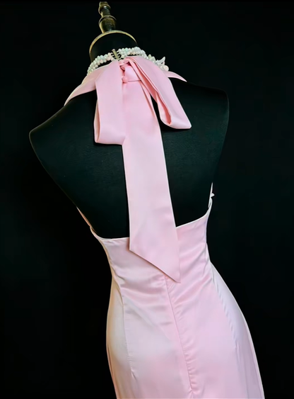 Pretty Pink Halter Satin Ruffles Mermaid Long Evening Dress Prom Gown SP2374