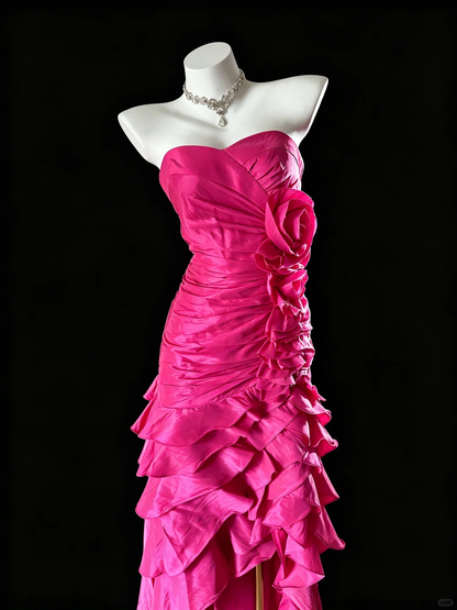 Vintage Hot Pink Satin Mermaid Party Dress Strapless Ruched Ruffled Asymmetrical Prom Dress SP2726