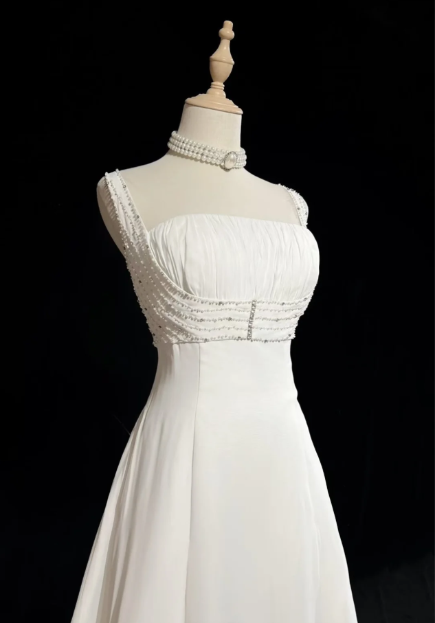 Glamorous Spaghetti Straps White Chiffon Beaded Mermaid Long Wedding Dress Formal Bridal Dress SP1793